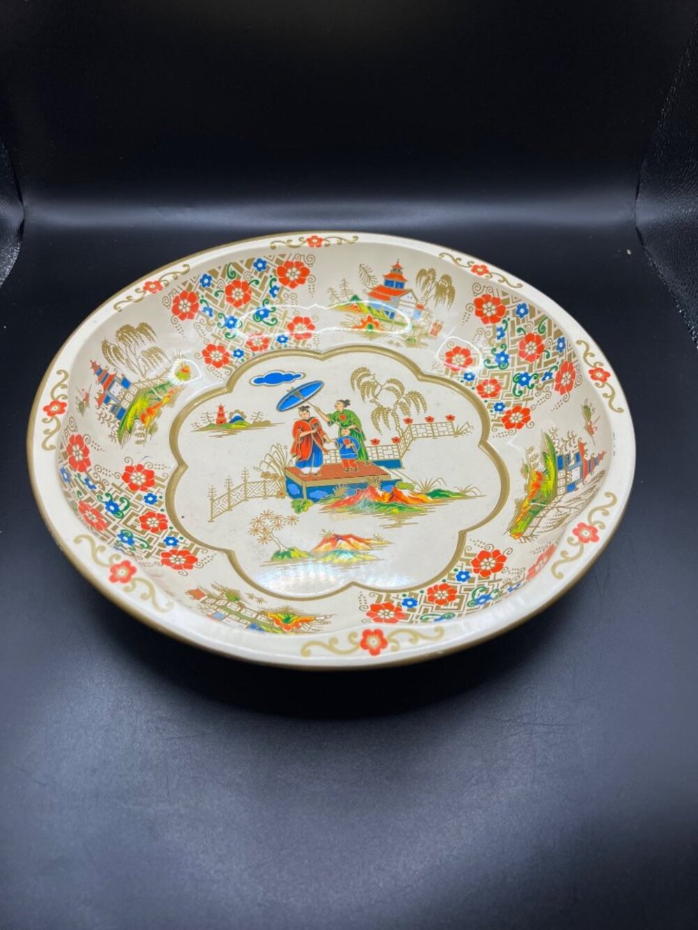Daher Decorated Ware Floral & Oriental Scene Metal Bowl 10" Diameter Vintage